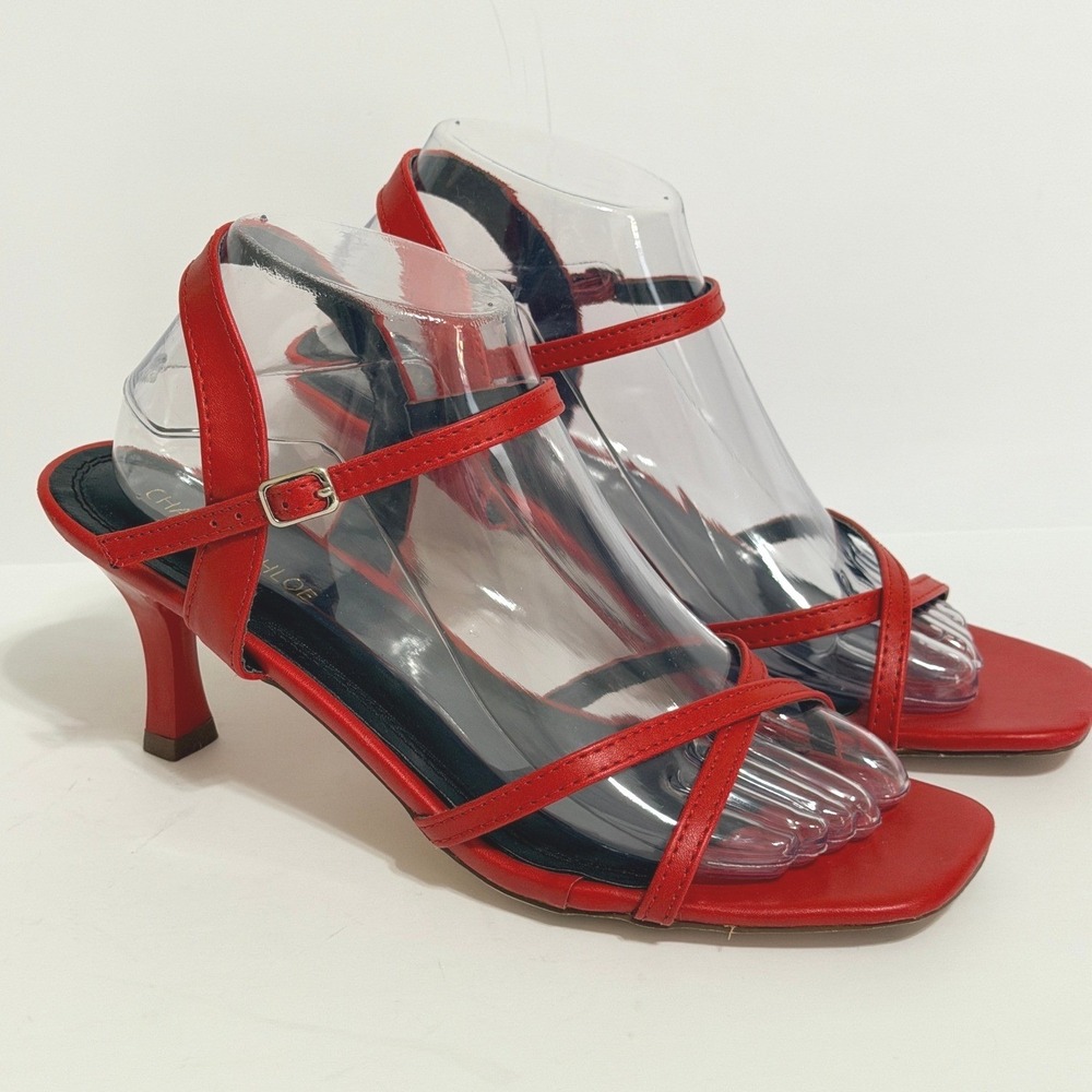 Chase + Chloe Red Strappy Kitten Heel Sandals Square Toe Ankle Strap Womens 8